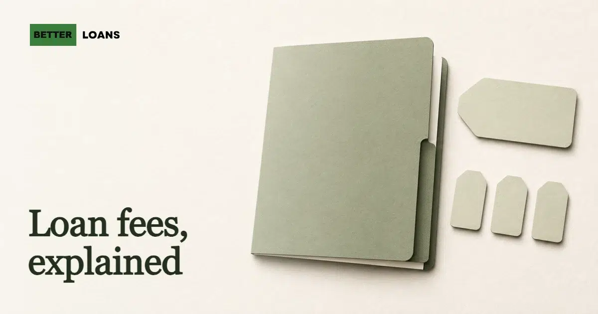 Editorial illustration of a loan agreement document with one large price tag for the once-off initiation fee and a row of smaller repeating tags for the monthly service fee