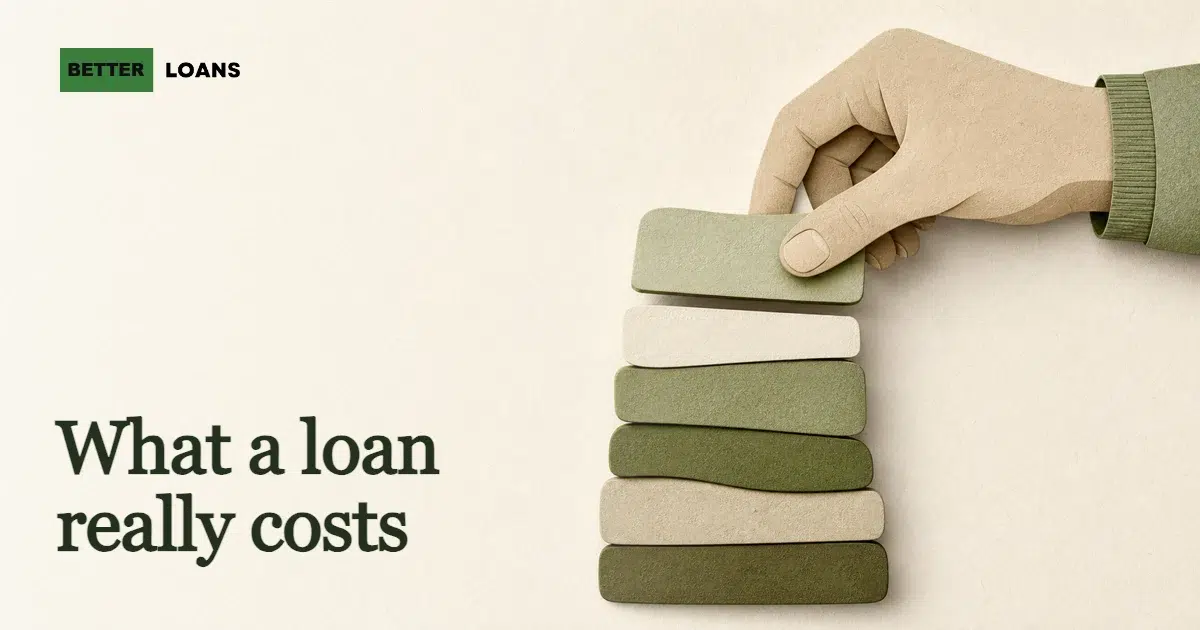 Editorial paper-cut illustration of stacked layered shapes forming a single column, representing the separate cost components that stack up to a loan's total repayable amount