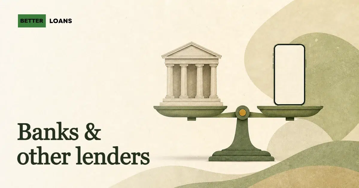An editorial illustration splitting South African lenders into two groups, a bank branch on one side and app-based non-bank and fintech lenders on the other, both under one NCR registration badge.